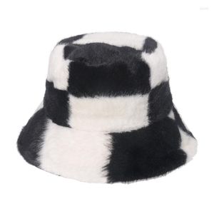 베레모 인조 모피 울 솜털 버킷 모자 검은 색과 흰색 대형 그리드 어부 모자 얼굴 메이크업 넓은 브림 커버 따뜻함