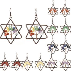 Vintage Colorful Tree of Life Handmade Woven Metal Wire Wrapped Hexagram Earrings for Women Girls Natural Crushed Stone Earrings