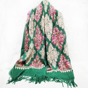 Cachecóis Verde Caxemira Mistura Quente Pashmina Feminino Cachecol Flor Bordado Xale Estilo Étnico Nepal Mantilha Hijabs E Wraps