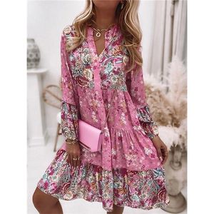 Basic Casual Dresses Women Floral Print Dress Oversize Elegant Pleated Long Sleeve Casual Dresses Female V Neck Loose Bohemian Beach Holiday Dresses 230531