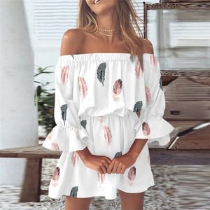 Basic Casual Dresses Women Floral Print Mini Dresses Summer Sexy Off Shoulder Flare Sleeve Tunic Dress Female Casual Boho Beach Dress Vestidos 230531