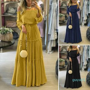 Shoulder Vestidos Female Lace Up Belted Dresses Beach Holiday Ruffle Robe Womens Bohemian