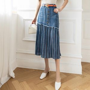 Vestidos de saia jeans para mulheres aline frente botton irregular retalhos plissado maxi jean saia com cinto casual chique roupas femininas