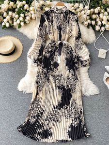 Basic Casual Dresses Spring Retro Print Pleated Long Maxi Vestidos Femininity Small Stand-up Collar Puff Sleeve Slim Holiday Dress C293 230531