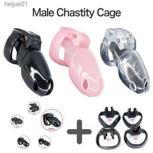 HTV4 BDSM Bondage Liten Plastic Cock Cage Prison Stop Masturbation Manlig kyskhetsburbälte med 4 Penis Ring Lock Erotic Sex Toy L230518