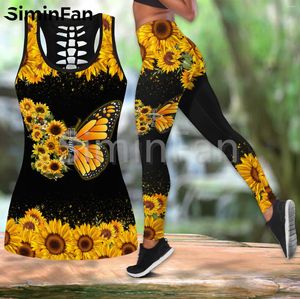 Women's Two Piece Pants Beautiful Flower Butterfly Combo Outfit Yoga Set Women 3D Print Hollow Out Tank Top Legging Summer Vest Casual Pant