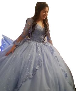 2023 Vintage Sexy Quinceanera Kleider Hellblau Lange Ärmel Spitzenapplikationen Kristallperlen Herzförmiger Korsettrücken Plus Size Formelle Party-Abschlussball-Abendkleider