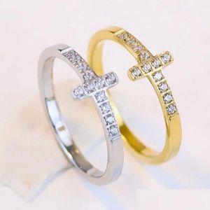 Band Rings In Titanium Stainless Steel Cross Finger Ring For Women Ins Cute Bling Cz Stone Cubic Zirconia Sier Gold Color Birthday G Dha4F