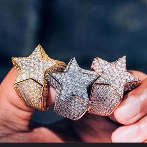 남자 아이스 아웃 롱 스틱 랩 힙합 챔피언 다이아몬드 오각형 반지 은메달 챔피언 반지 Moissanite Star Ring