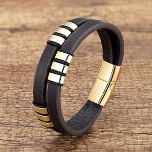 Charm Bracelets Multilayer Brown Genuine Leather Bracelet For Women Stainless Steel Metal Bangles Men Fashion Jewelry Wholesale