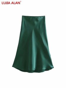 Dresses Hot Sale Solid Satin Elastic Waist Women Aline Skirt Summer Female Slim Falda Midi Lujia Alan P1596