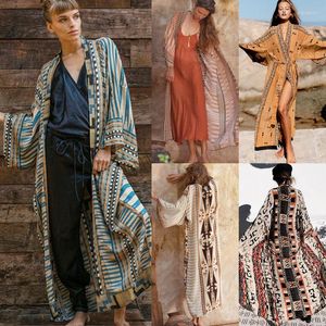 Etnik kıyafet artı boyutu bohemian kimono retro baskılı hırka uzun kollu kendi kuşaklı kadınlar üst ve bluz bikini örtbas gömlek tunik