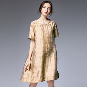 1817# JRY New Summer Fashion Women Loose Dress Round Collar Short Sleeve Plaid Casual Dress Lady Casual Dress Black Khaki