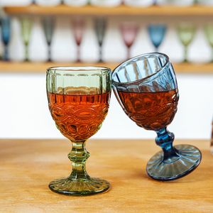 European Style Embossed Wine Glass 240ml Stained Glass Beer Goblet Vintage Wine Glasses Household Juice Drinking Cup Q162