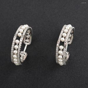 Hoop Earrings 3mm White Sea Shell Pearl Gold Plated Cubic Zirconia Pave Circle