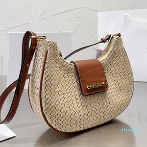 2023-Raffia Straw Hobo Bag Crescent Handbags Woven Shoulder Bags Old Flower Clamp Genuine Leather Strap Inside Zipper Pocket Half Moon Crochet Beach Handbags