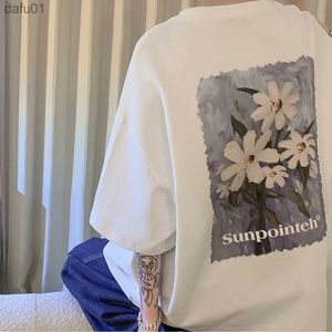 2022 Kwiatowy nadruk krótkiego rękawu T-shirt męska ciężka ciężka luźna moda na top American Casual T-Shirt Sale Flower Tshirt L230520