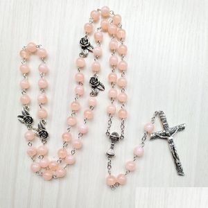 Pendant Necklaces Catholic Cross Rosary Necklace Vintage Flower Pink Acrylic Beads Strand Long For Men Women Drop Delivery Jewelry Pe Dh4Dg