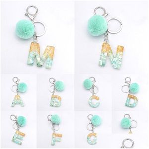 Nyckelringar mode az brev hänge nyckelring plysch faux päls pompom initialer harts hart Keyrings kvinnor handväska charms hängande dekorationer dhoiz