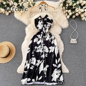 Повседневные платья Feichic Summer Dress Sexy Halter Nece Open Back Back Back Beach Fashion Seaside Holiday Bohemian Long For Women 2023 Chic