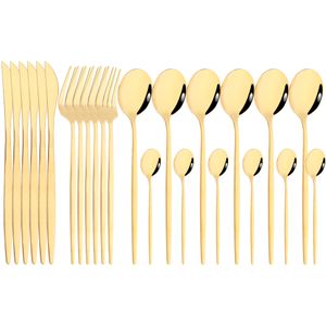 Conjuntos de louça espelho 24 peças conjunto de talheres de ouro cozinha facas de aço inoxidável garfos colheres talheres de prata 230531