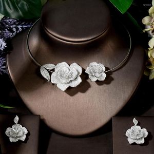 Colar Brincos Conjunto Moda Femme Luxo Nupcial Casamento Nobre Grandes Flores Brincos Conjuntos Jantar Festa Show Joias Parure Bijoux N-1588