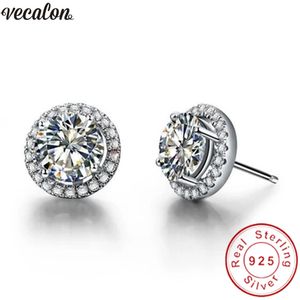 Vecalon Tennis EarringAAAAA CZ Stone Real 925 Sterling Silver Statementパーティーウェディングスタッドイヤリング