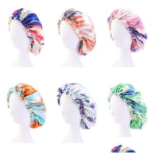 Beanie/Skull Caps Tie Dye Satin Silky Bonnet Hat for Women Double Layer with Adatfable Buckle Sleep Cap Curly Protect Hair Ca Dh5LV