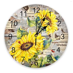 Wall Clocks Sunflower Wood Grain Retro Plant Flower Large Clock Dinning Restaurant Cafe Decor Round Silent Home Decoration