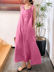 Basic Casual Dresses Summer Long Version Sling Cotton Linen Simple Loose Pocket Round Neck Temperament Sleeveless Dress Women for 230531