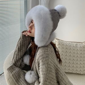 Kvinnor Real Fox Fur Hat Russian Ushanka Hat Aviator Trapper Hunter Hat Warm Outdoor Cap