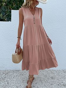 Grundläggande casual klänningar casual ärmlös tankklänning kvinnor sommar Soild V Neck -knappar Ruffle Midi klänningar Elegant Fashion Beach Loose Sundress 230531