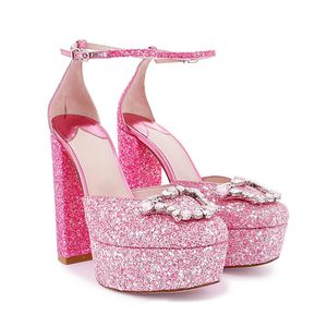 2023 Women Ladies Leather Dress Super 13cm High Heel Shoes Platform Pumps Diamond Thick Glitter Bottom Dance Party Wedding Buckle Mary Jane Bowtie Size 35-41