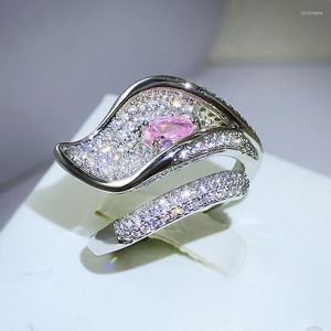 Cluster Rings Luxury 925 Sterling Silver Leaves Ring For Women Elegant Lily Flower Cocktail Finger Bling Pink CZ Wedding Fine Jewelry