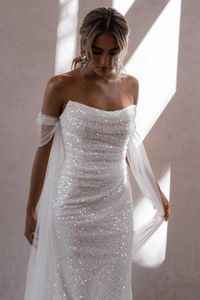 Вечеринки Sparkly Bride Simple Seercins русалка на плечо vestido de noiva sereia beta weta womer's очаровательное свадебное платье P230531