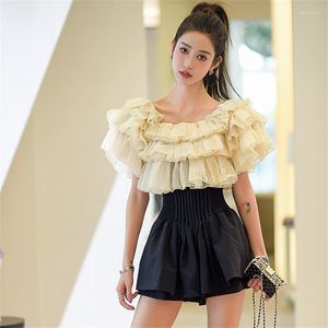 Work Dresses Sexy Slash Neck Ruffles Chiffon Shirts Lotus Leaf Off Shoulders Ruched Blouses Cake Tops High Waist Pleated Skirts 2pcs Suits