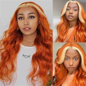 Ginger Orange Wig with Blonde Highlights Lace Wig Synthetic Blonde Stripe Long Wavy Wigs Body Wave Heat Resistant Fiber Hair 230524