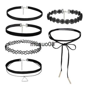 Anhänger Halsketten 6 Teile/satz Gothic Tattoo Schwarz Spitze Leder Samt Collier 90er Jahre Punk Stil Choker Halsketten Frauen Kragen Femme Chocker Schmuck J230601