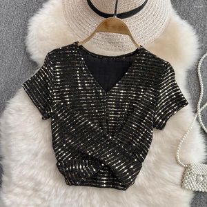 Women's T Shirts Chic Glitter Print Sequin Pleated Tshirt Gothic Retro Shirt Sexig V Neck Crop Top Elastic Slim Summer Korean Fashion Women