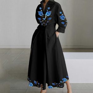Lapelhals långärmad klänning kvinnor blommor tryck ficka vintage knapp skjortor klänning sundress elegant överdimensionerad klänning vestidos