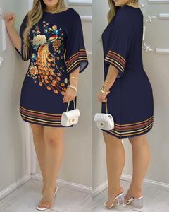 Grundläggande casual klänningar Kvinnaklänningar Spring Fashion Peacock Print Casual Round Neck Long Sleeve Daily Mini Loose Dress 230531