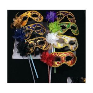 Partymasken Venezianische Halbgesichtsmaske mit Blumenmaske, Maskerade auf Stock, sexy Halloween, Weihnachtstanz, Hochzeit, Geburtstag, Lieferungen DBC Drop Del Dhmgh