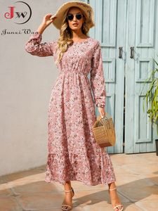 Basic Casual Dresses Women Elegant Floral Printed Long Dresses Spring Summer Casual O Neck Long Sleeve Ladies Chic High Waist A Line Beach Dresses 230531