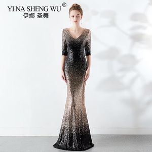 Klä ny sjöjungfru lång klänning halv ärm Vneck Sequined Color Fade Elegant Vestido de Festa de Gala Longo Abiye Gece Elbisesi