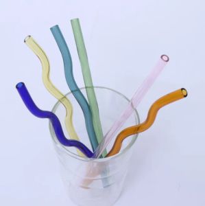 8*200 mm återanvändbar Eco Borosilicate Glass Drinking Straws Clear Colored Bent Milk Cocktail Strå