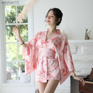 Babydolls Luxury Lingerie High-end giapponese stampato Cherry Kimono Suit Large Lace Up Accappatoio Abbigliamento Sex Uniform Underwear L230518