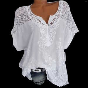 女性用ブラウス夏の自由hoho花の花刺繍ブラウス女性半袖ホワイトトップシャツvネックチュニック