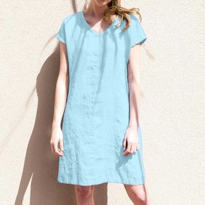 Summer Dress Women Short Solid Sleeve V-Neck Large Swing Loose Dress With Pockets Beach Dress Vintage Holiday Sundress Vestidos