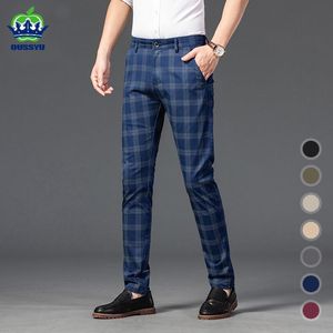 Byxor oussyu varumärke mäns rutiga byxor avslappnade elastiska långa byxor bomullsblå mager affärsarbete byxa för manliga klassiska kläder
