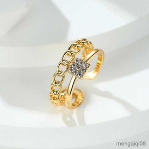 Band Rings Luxury Female Crystal Square Open Ring Classic Gold Color Engagement Dainty White Zircon Chain Wedding for Women